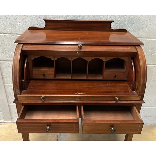 324 - WALNUT INLAID LADIES CYLINDER TOP WRITING DESK WITH SQUARE TAPERED LEGS