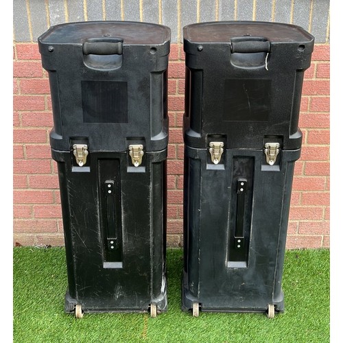 252 - TWO BLACK TALL TRAVEL STORAGE TRUNKS