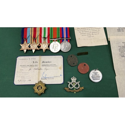 218 - WWII GROUP OF MEDALS FOR FOR G EDDLESTON WITH PAPER WORK RECORD FOR ARMY MOVEMENTS FROM JUNE 1940 TO... 