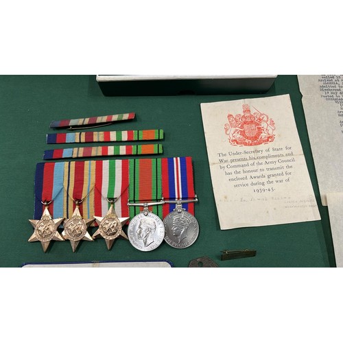 218 - WWII GROUP OF MEDALS FOR FOR G EDDLESTON WITH PAPER WORK RECORD FOR ARMY MOVEMENTS FROM JUNE 1940 TO... 