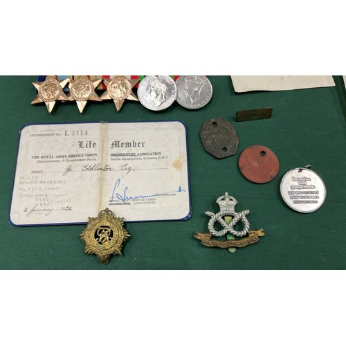 218 - WWII GROUP OF MEDALS FOR FOR G EDDLESTON WITH PAPER WORK RECORD FOR ARMY MOVEMENTS FROM JUNE 1940 TO... 