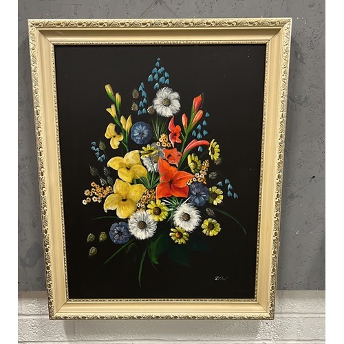 560 - VERY LARGE OIL ON CANVAS OF STILL FLOWERS ON BLACK BACK GROUND SIGNED