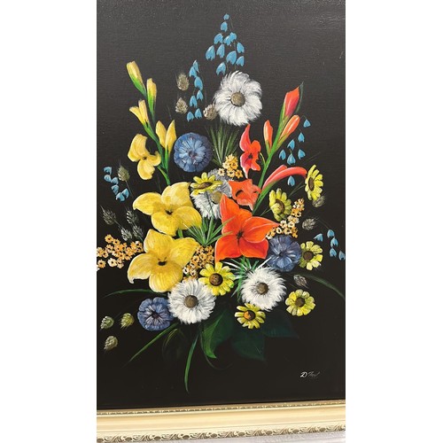 560 - VERY LARGE OIL ON CANVAS OF STILL FLOWERS ON BLACK BACK GROUND SIGNED