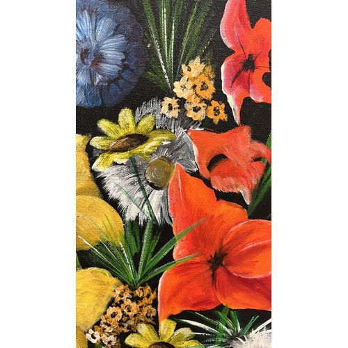 560 - VERY LARGE OIL ON CANVAS OF STILL FLOWERS ON BLACK BACK GROUND SIGNED