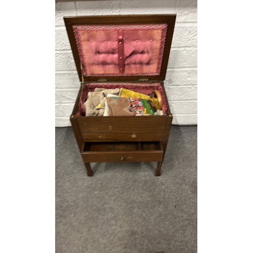 4 - WOODEN SEWING BOX ON LEGS WITH CONTENTS