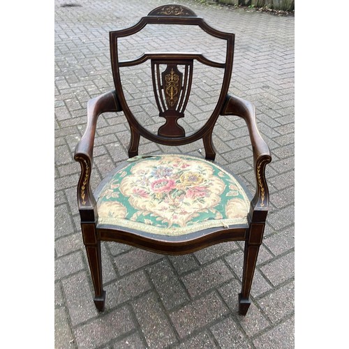 200 - EDWARDIAN SHELD BACK CARVER DINNING CHAIR WITH INLAID WORK