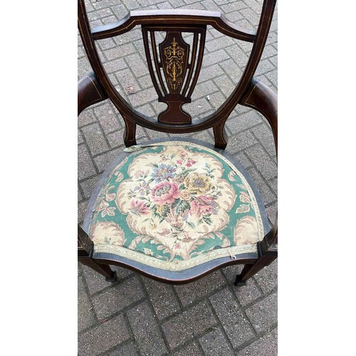 200 - EDWARDIAN SHELD BACK CARVER DINNING CHAIR WITH INLAID WORK