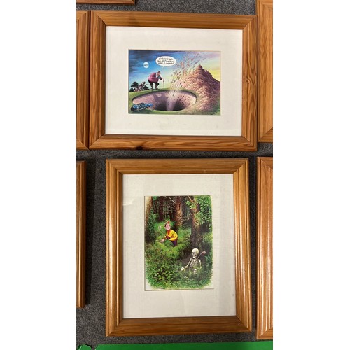 114 - 7 X PINE FRAMED HUMOROUS GOLF ART WORKS