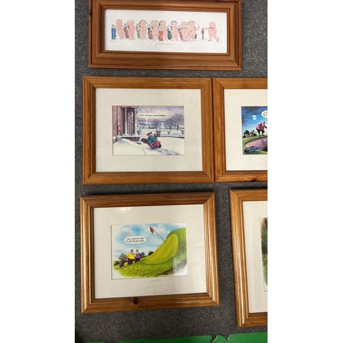 114 - 7 X PINE FRAMED HUMOROUS GOLF ART WORKS