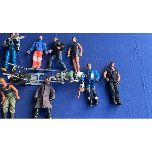 76 - ACTION MAN FIGURES X 9 PLUS DOG WITH SLED
