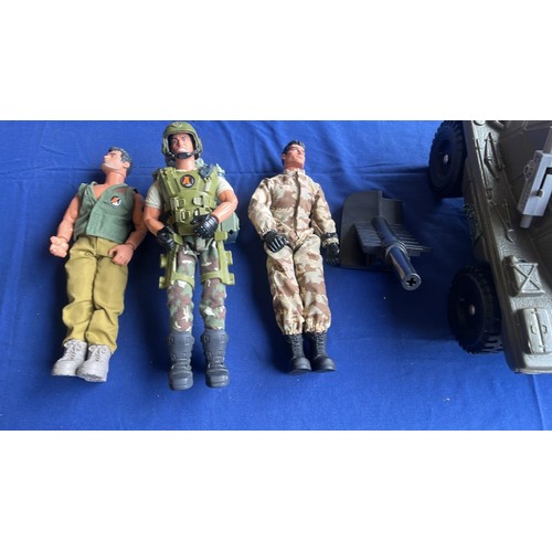 77 - ACTION MAN FIGURES X 5. AND JEEP PLUS SCOUT CAR WITH FIELD GUN