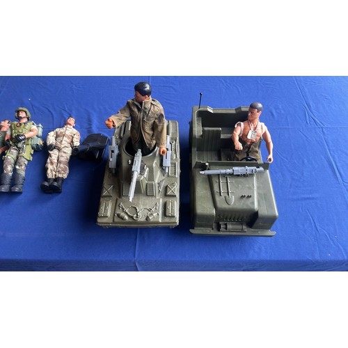 77 - ACTION MAN FIGURES X 5. AND JEEP PLUS SCOUT CAR WITH FIELD GUN