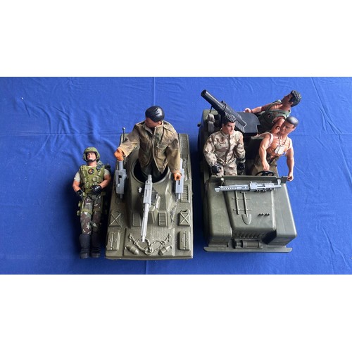 77 - ACTION MAN FIGURES X 5. AND JEEP PLUS SCOUT CAR WITH FIELD GUN