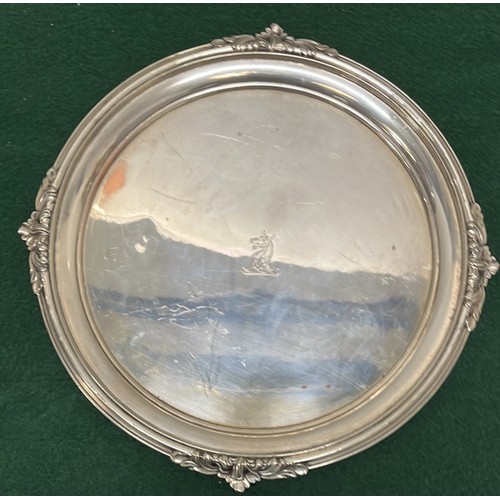 14 - THREE HEAVEY SILVER PLATED SERVING TRAYS WITH HORSE HEAD MOTIF...