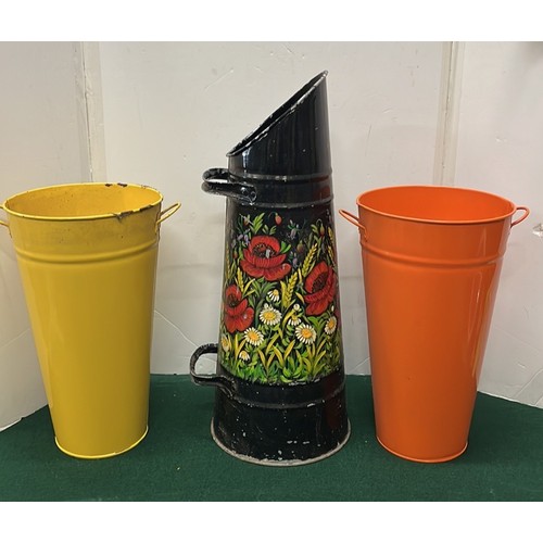10 - BARGE WARE COAL SCUTTLE AND TWO COLOURED FLOWER BUCKETS...