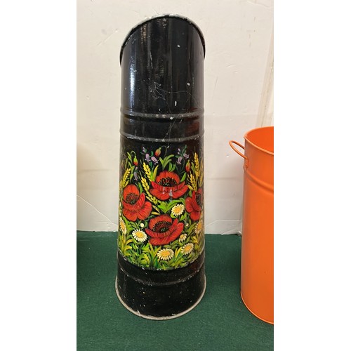 10 - BARGE WARE COAL SCUTTLE AND TWO COLOURED FLOWER BUCKETS...