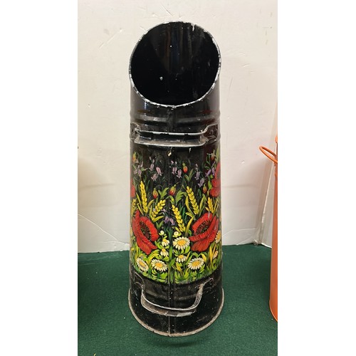 10 - BARGE WARE COAL SCUTTLE AND TWO COLOURED FLOWER BUCKETS...