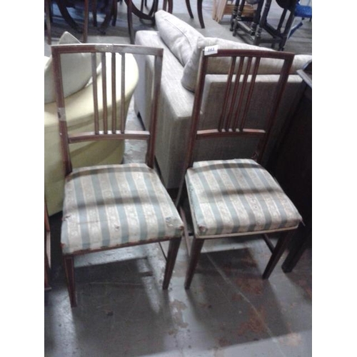 393 - Pair of inlaid mahogany mid back dining chairs, need reupholstering