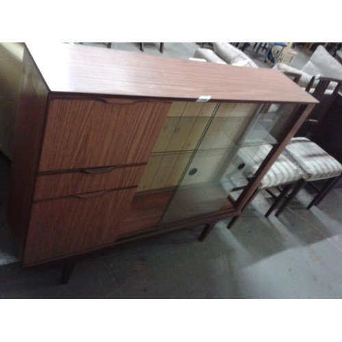 398 - Retro teak look, slimline, display wall unit, 122 x 98cm