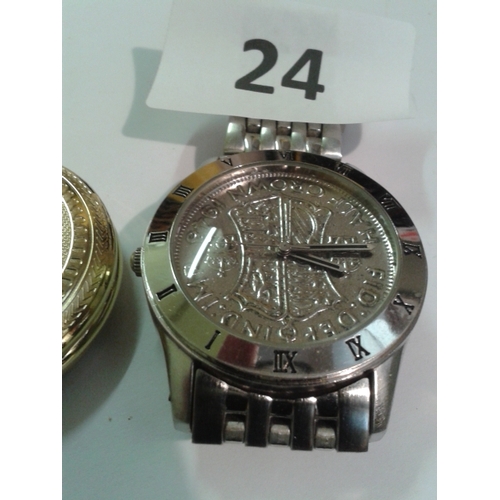 24 - Gents half-crown quartz watch and gold coloured quartz pocket watch