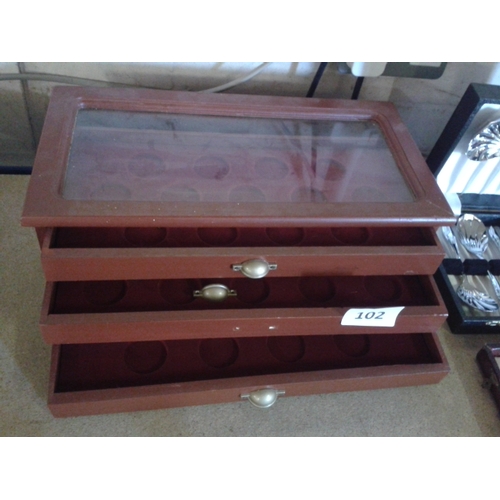 102 - Wooden 3 drawer coin cabinet and 3 x quartz pocket watches