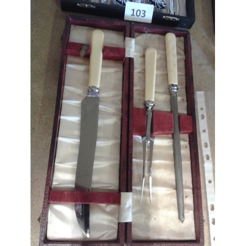 103 - James Ryals carving knife set in case and chrome plated dessert spoon set in case