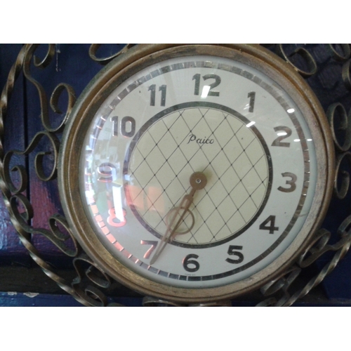 150 - Vintage round paiko wall clock with ornate wrought iron border