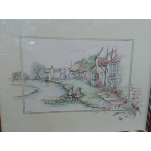 154 - Pair of wooden framed pastels, thatched cottages by pond/stream by Glenda Rae