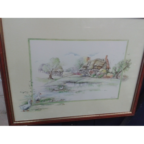 154 - Pair of wooden framed pastels, thatched cottages by pond/stream by Glenda Rae