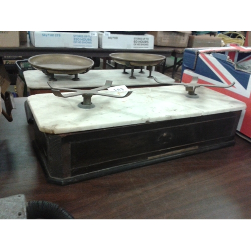 183 - 2x Edwardian marble top counter scales, one with copper trays present. Both marble tops damaged