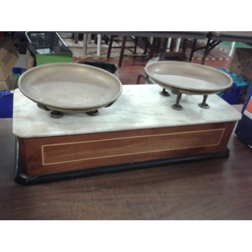 183 - 2x Edwardian marble top counter scales, one with copper trays present. Both marble tops damaged