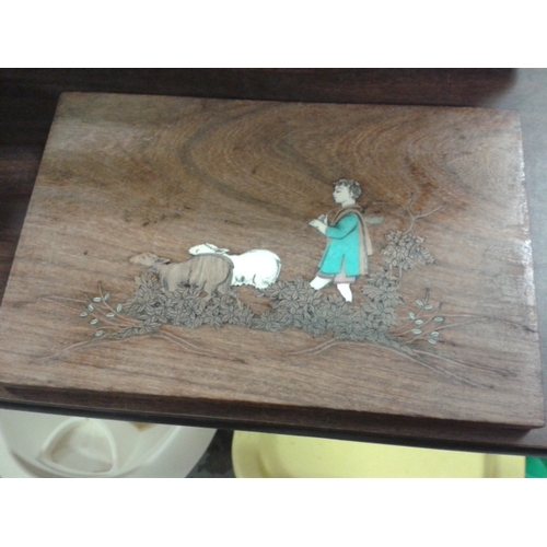 188 - 2 x inlaid wooden wall plaques, 1 x shepherd boy with sheep and 1 x ladies gathering water at a well... 