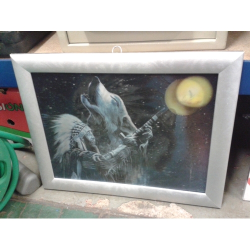 223 - 1 x holographic Native American Indian chief and Wolf picture in frame and one x holographic bald ea... 