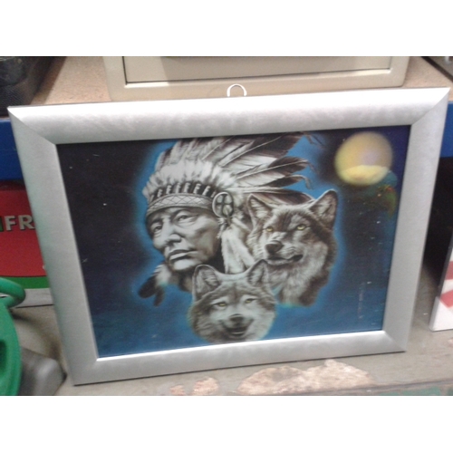 223 - 1 x holographic Native American Indian chief and Wolf picture in frame and one x holographic bald ea... 