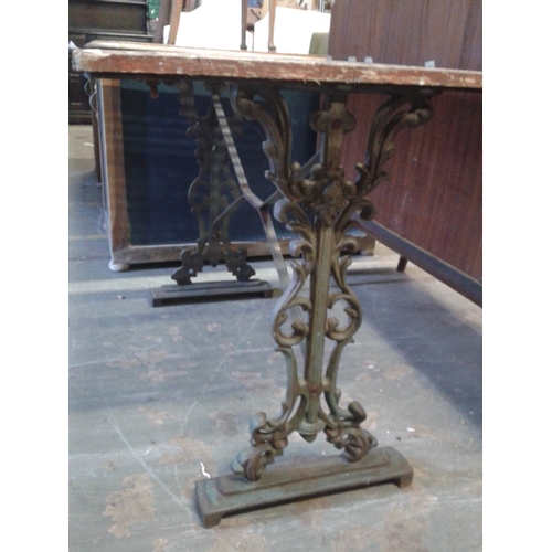 350 - Cast iron garden table base with wooden boarded cast lattice top, not matching