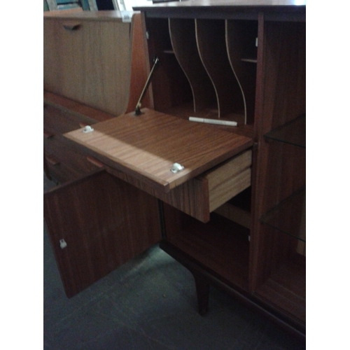 398 - Retro teak look, slimline, display wall unit, 122 x 98cm