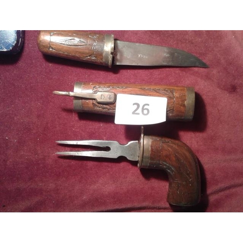 Vintage Indian steel, gun shaped, carving knife and fork set