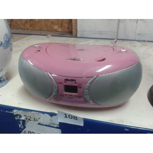 108 - Pink Bush portable cd radio, fully serviced and working