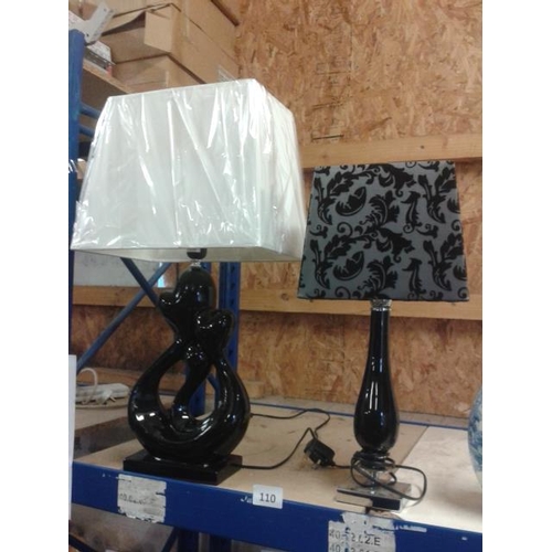110 - 2 x modern black gloss ceramic table lamps with shades