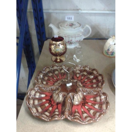 111 - Teapot, paperweight, ornate chalice and hors d'ouevre dish