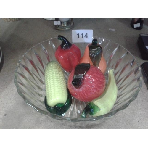 114 - Pressed glass fruit bowl with assorted glass fruit and veg
