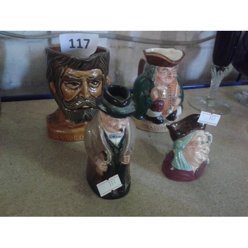 117 - 4 x small character jugs, owain glyndwr, Royal Doulton honest measure, miniature jolly Rodger and mi... 