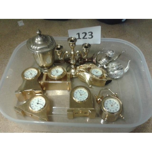 123 - 6 x miniature brass mantle clocks and other assorted silver-plated miniature items