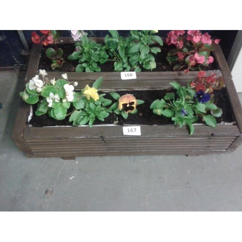 167 - Brown wooden trough planter, 675 x 200mm, with assorted winter flowers