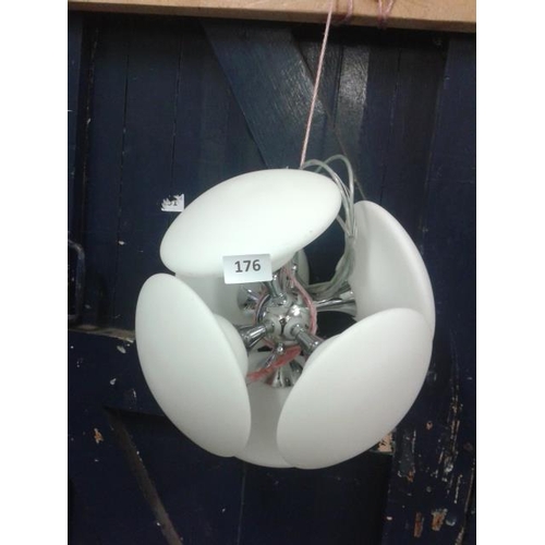 176 - Modern 6 arm, 360 degree, chrome and white glass shaded ceiling light