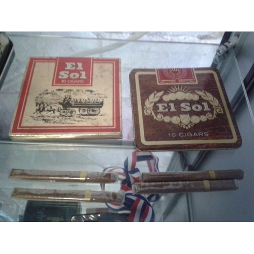 22 - Vintage El Sol cigar tin with 4 x cigars, panatella regalia cigar in tin, 1 x hamlet cigar, unopened... 