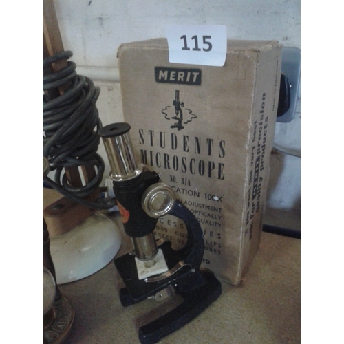 115 - Vintage wooden angle poise lamp, brass sands of time & Merit students microscope in original box