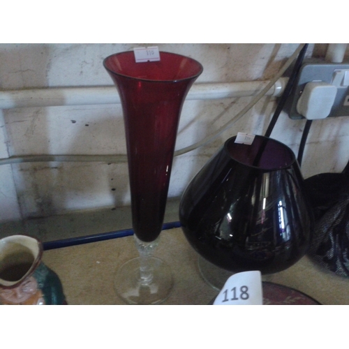 118 - Large ruby brandy glass, ruby glass vase, etched cranberry glass bowl and assorted small blue glass ... 