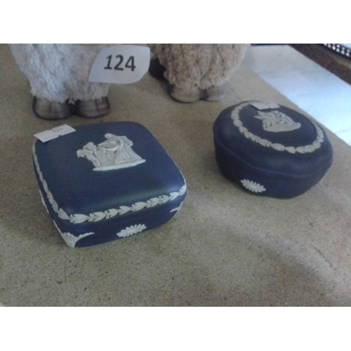 124 - 2 x dark blue Wedgwood jasperware lidded trinket pots, 2 x modern cartoon sheep ornaments & 2 x Kowa... 
