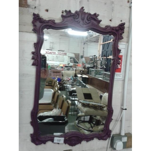 12 - Purple painted frame ornate wall mirror, approx. 730 x 465mm